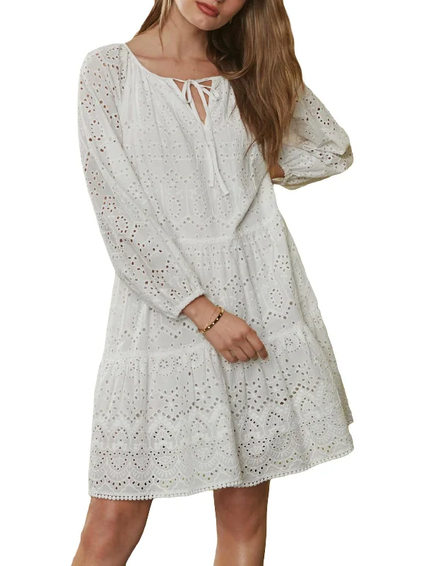 Womens Cotton Eyelet Midi Dress Elegant Lace Trim Midi Dress