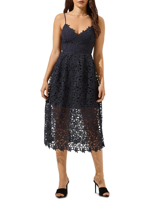 Womens Lace Overlay V Neck Midi Dress Stylish Animal Print Midi Dress