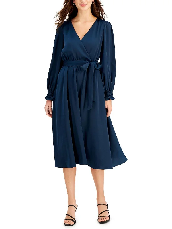 Womens Satin Long Sleeves Midi Dress Trendy Ruffled Sleeve Midi Dress