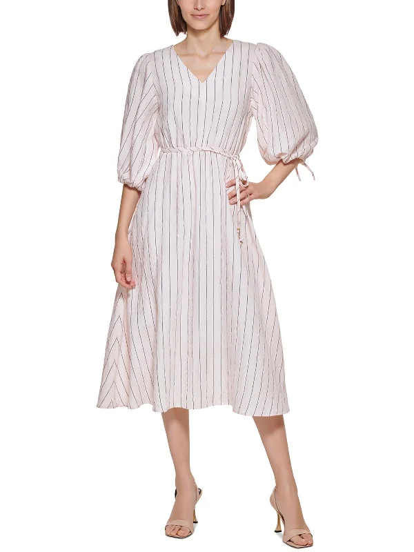 Womens Striped Calf Midi Dress Comfortable Short Sleeve Midi Dress