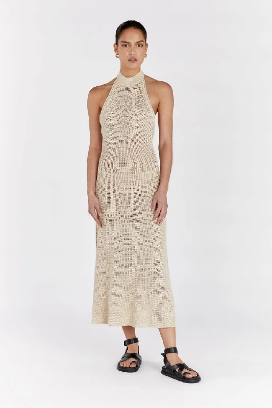 ZADIE NATURAL CROCHET MIDI DRESS Elegant Maxi-Midi Hybrid Dress