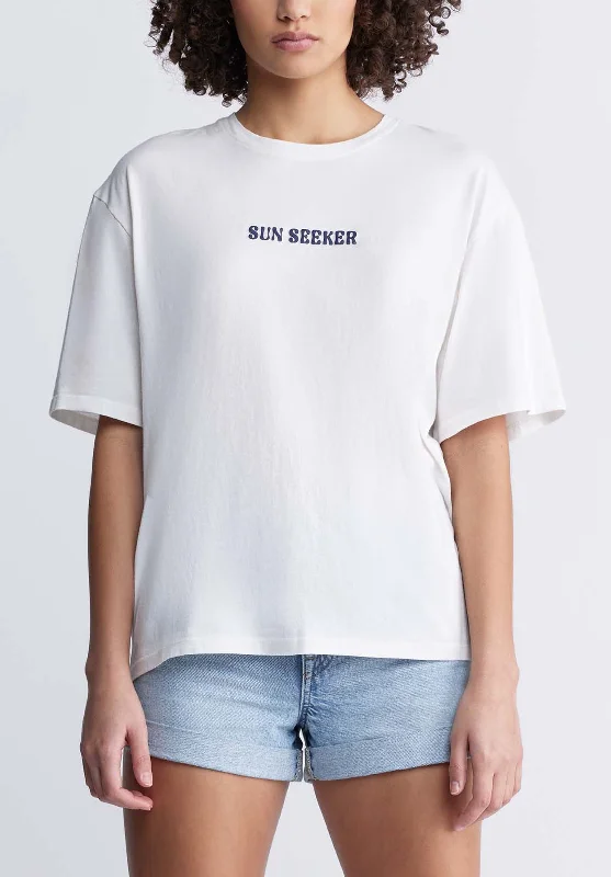 Abbey Women's Oversized Printed T-Shirt in White - KT0136P Zippered Buttoned Snapped