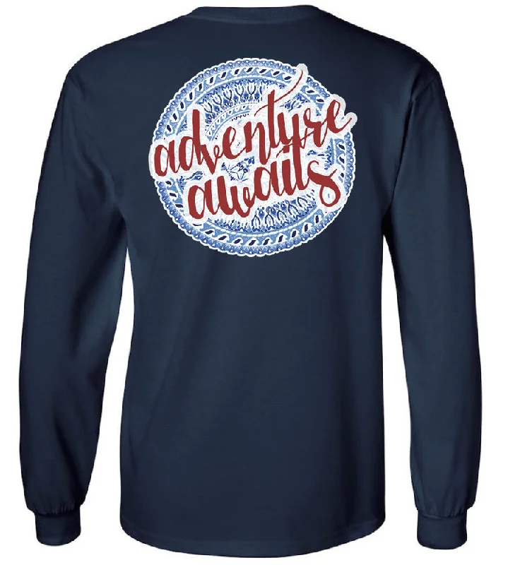 'Adventure Awaits' Long Sleeve Tee Collared T-Shirt Boat Neck A-Line