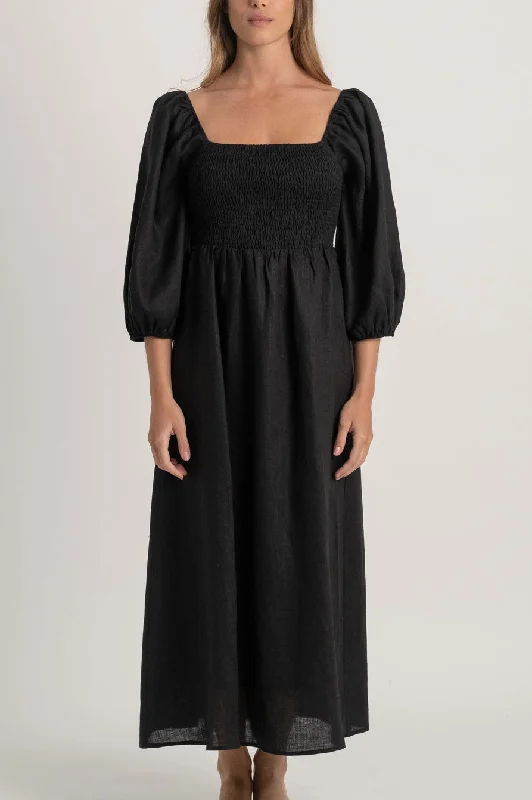 Agapi Linen Maxi Dress Black Trendy Ruffled Maxi Dress