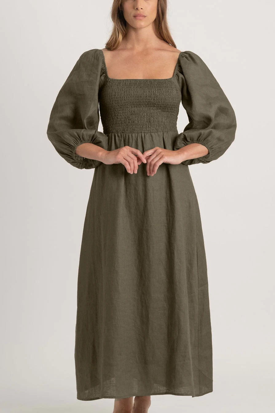 Agapi Linen Maxi Dress Khaki Fashionable High-Waist Maxi Dress