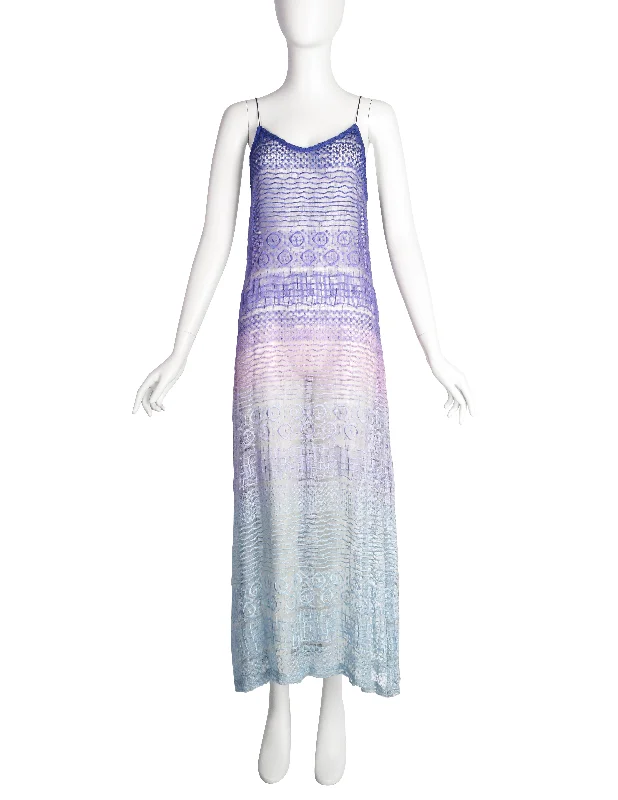 Berit Steffin Vintage 1990s Stunning Pastel Purple Blue Ombre Embroidered Net Maxi Dress Cozy Knitted Maxi Dress