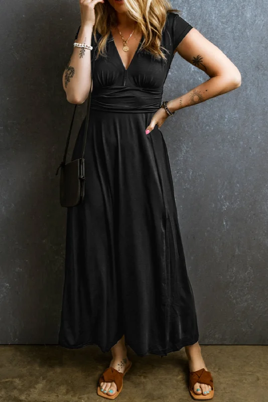 Short Sleeve Shirred High Waist V Neck Maxi Dress Trendy Button Front Maxi Dress