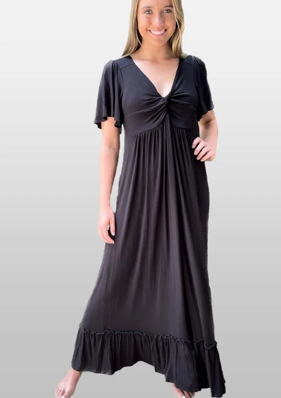 Black V-Neck Maxi Dress With Flutter Sleeves Made in USA Chic Summer Floral Maxi Dress