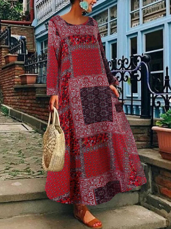 Bohemian Print Cotton Long Sleeve Vintage Women Maxi Dress Classic Strapless Maxi Dress