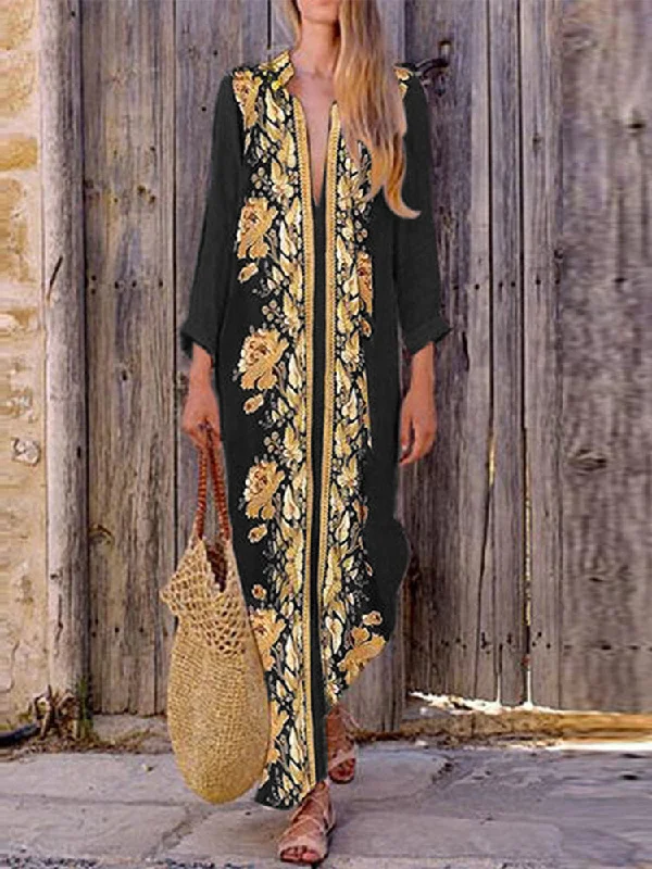 Bohemian V Neck Floral Print Beach Holiday Split Women Maxi Dress Classic Solid Maxi Dress