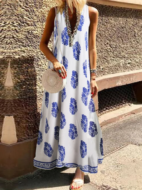 Bohemian V Neck Floral Print Sleeveless Women Maxi Dress Comfortable Long-Sleeve Maxi Dress