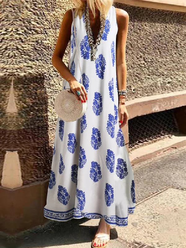 Bohemian Women V Neck Floral Print Sleeveless Maxi Dress Stylish Maxi Dress with Frills