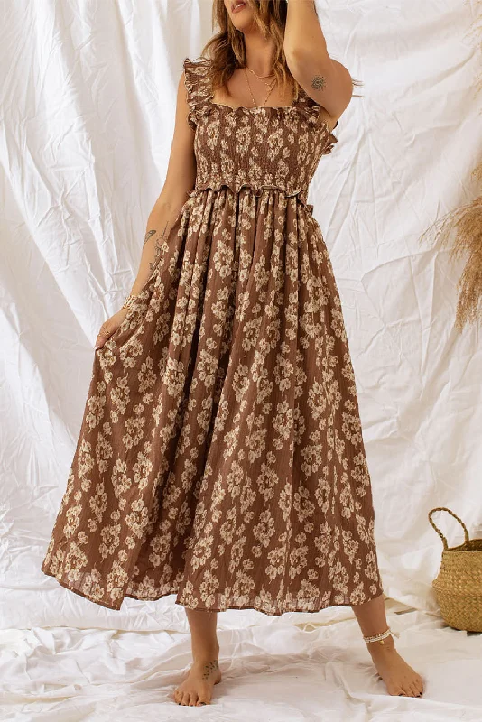 Ruffled Straps Smocked Floral Maxi Dress Chic Sleeveless Maxi Dress