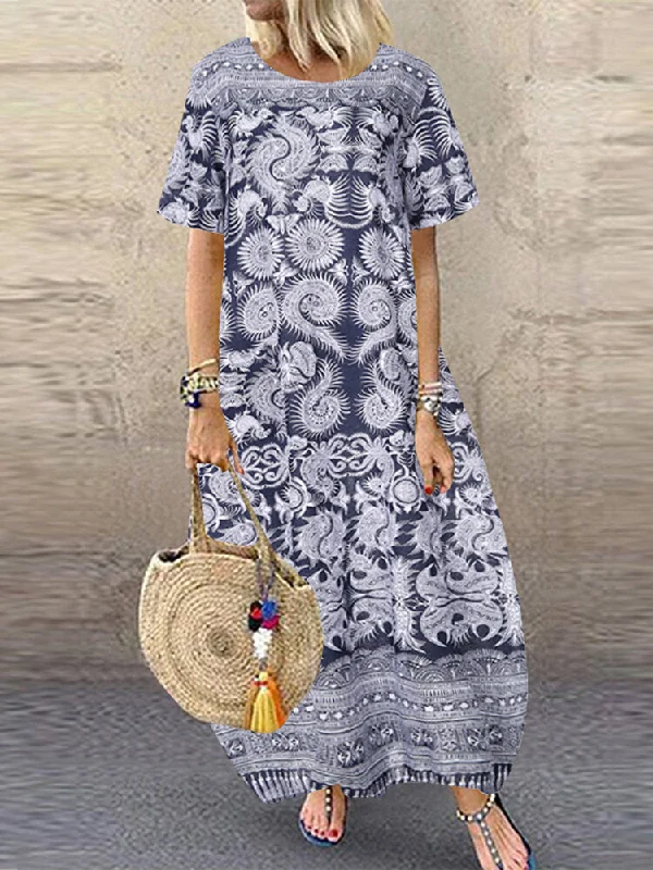 Casual Loose Printed Short Sleeve Pockets Women Maxi Dress Classic Black Maxi Dress