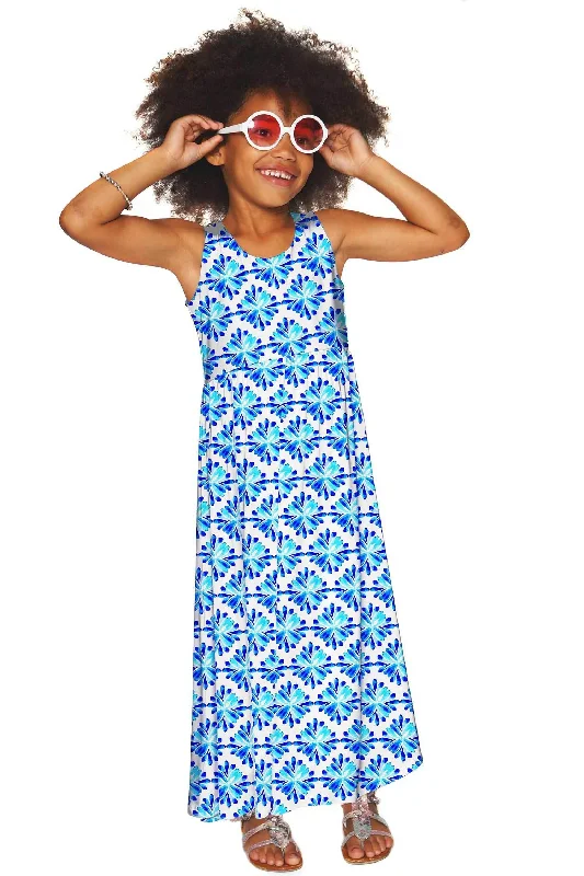 Charisma Bella White & Blue Summer Empire Waist Maxi Dress - Girls Cozy Maxi Dress with Slit