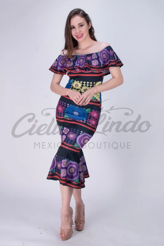 Mexican Jalapa Printed Maxi Dress Elegant Maxi Dress with Lace