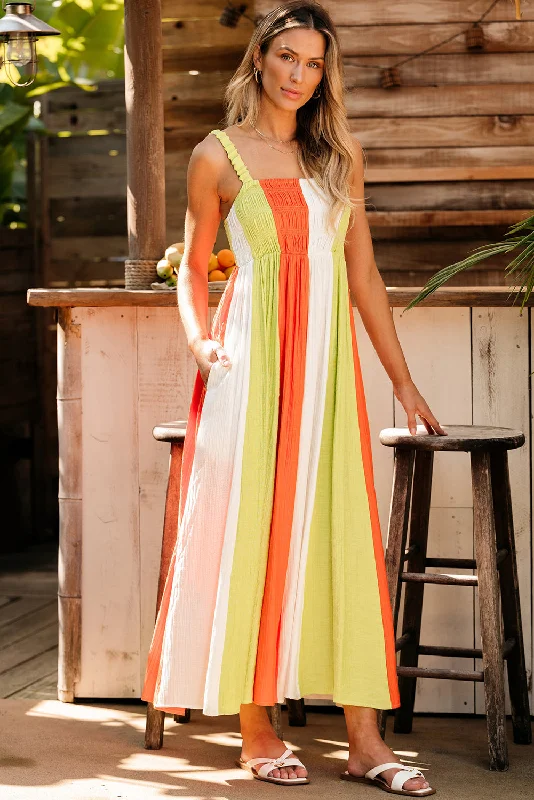 Color Block Shirred High Waist Fit and Flare Maxi Dress Comfortable Fitted Maxi Dress