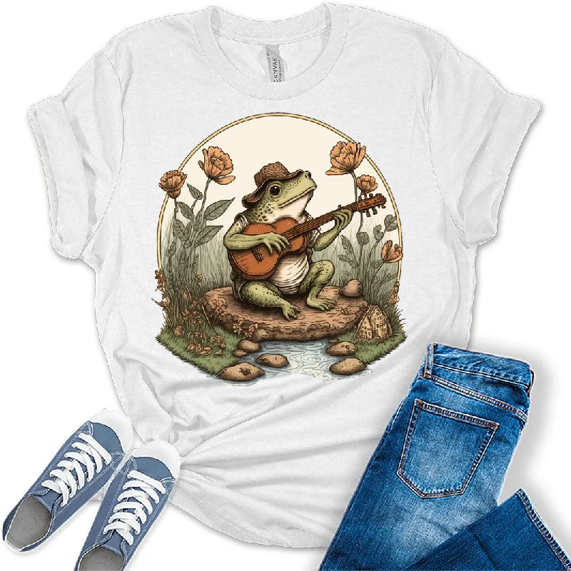 Cottagecore Shirt Aesthetic Frog Playing Guitar On Rock T-Shirt Women's Graphic Print Bella Y2k Top Rayon Velvet Corduroy