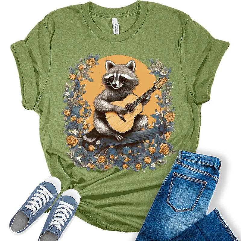 Womens Retro Raccoon Playing Guitar Shirt Cottagecore Clothing Animal Playing Music T-Shirts Cute Short Sleeve Graphic Tees Plus Size Summer Tops Basic T-Shirt Crew Neck Short Sleeve