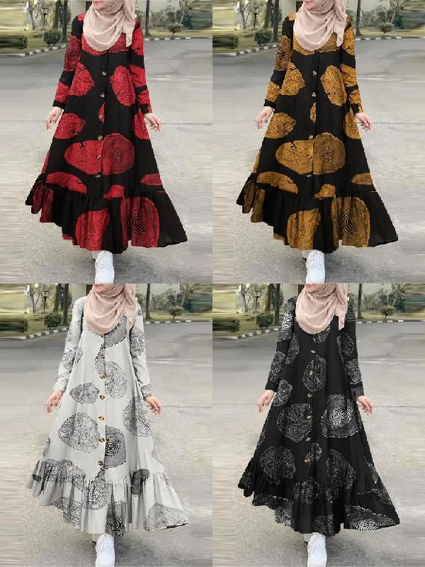 Cotton Tree Stump Print Ruffle Hem Long Sleeve Muslim Women Maxi Dress Comfortable Cotton Maxi Dress