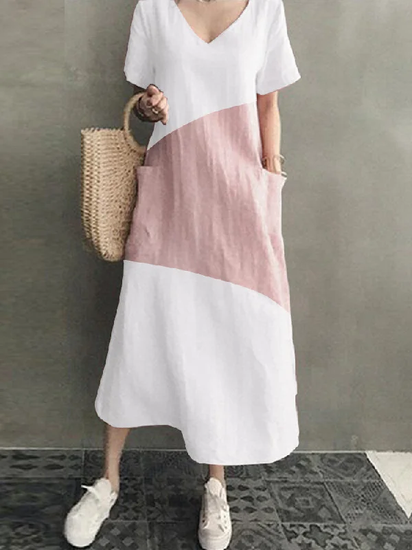 Cotton V-neck Short Sleeve Color Patchwork Pocket Loose Casual Women Maxi Dress Stylish Empire Waist Maxi Dress