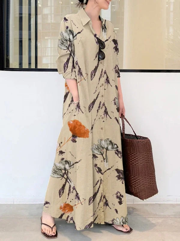 Ethnic Figure Print Lapel Long Sleeve Shirt Pocket Women Maxi Dress Comfortable Plunging Neckline Maxi Dress