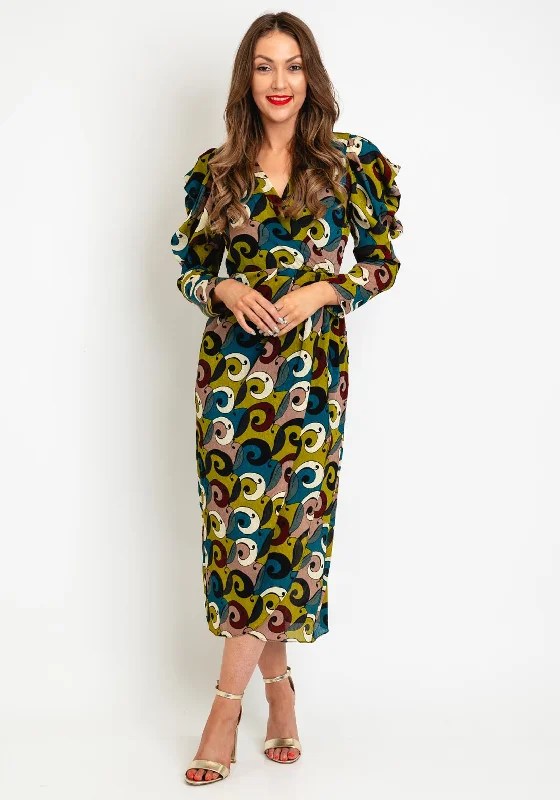 Exquise Abstract Print Maxi Dress, Olive Green Multi Fashionable Halter Neck Maxi Dress