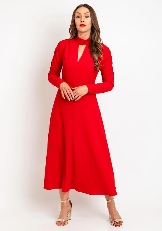 Exquise Ruched Sleeve A-Line Maxi Dress, Red Cozy Open-Back Maxi Dress