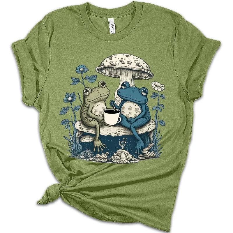 Womens Cottagecore Shirt Frogs Having Tea T-Shirt Aesthetic Graphic Tee Short Sleeve Top Print Jacquard Patchwork