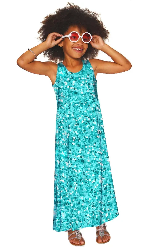 Glittering Azure Bella Blue Sleeveless Empire Waist Maxi Dress - Girls Trendy Floral Print Maxi Dress