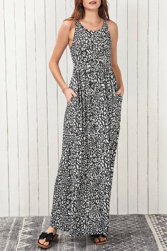 Gray Leopard Print Pocketed Sleeveless Maxi Dress Cozy Wrap Maxi Dress