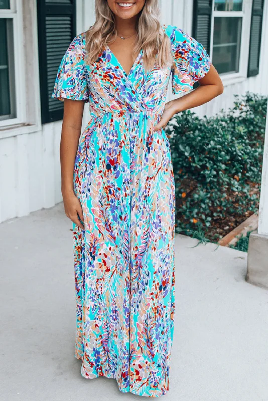 Wrap V Neck Floral Maxi Dress Elegant Wraparound Maxi Dress