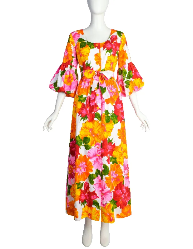 Hilo Hattie Vintage 1960s Hawaiian White Pink Yellow Hibiscus Floral Maxi Dress Comfortable T-Shirt Maxi Dress