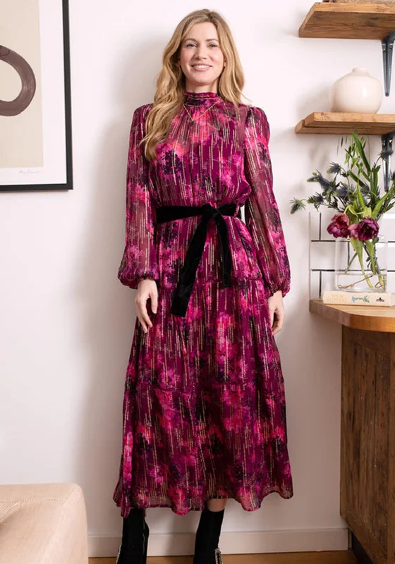 Hope & Ivy Beatrice High Neck Belted Maxi Dress, Pink Cozy Longline Maxi Dress