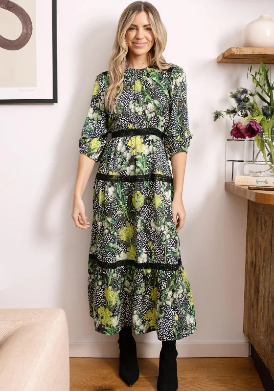 Hope & Ivy Dora Floral Tiered Maxi Dress, Green and Black Comfortable Maxi Dress with Belt