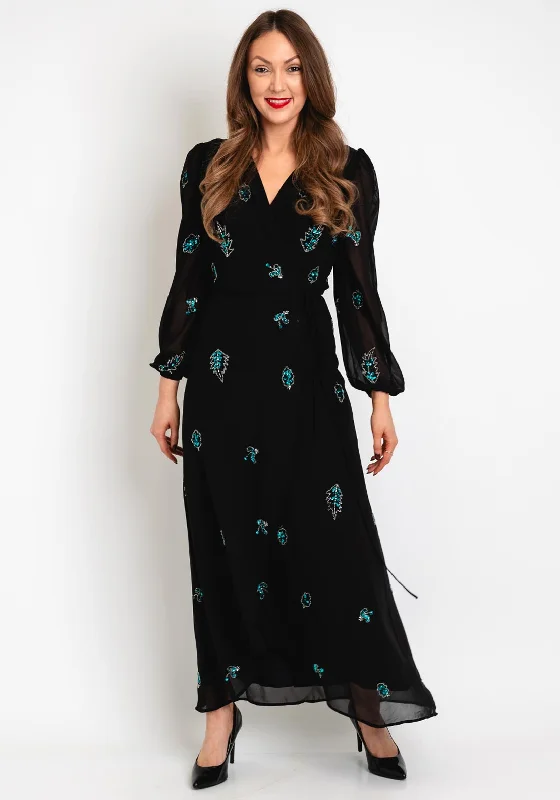 Hope & Ivy Embellished Wrap Maxi Dress, Black Blue Elegant Tiered Maxi Dress