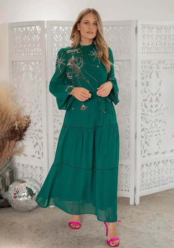 Hope & Ivy Nala Tie Waist Embellished Maxi Dress, Green Stylish Long Sleeve Maxi Dress