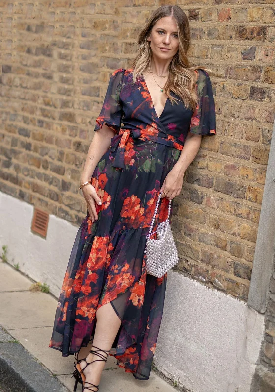 Hope & Ivy Nova Flutter Sleeve Floral Wrap Maxi Dress, Black and Orange Cozy Open-Back Maxi Dress