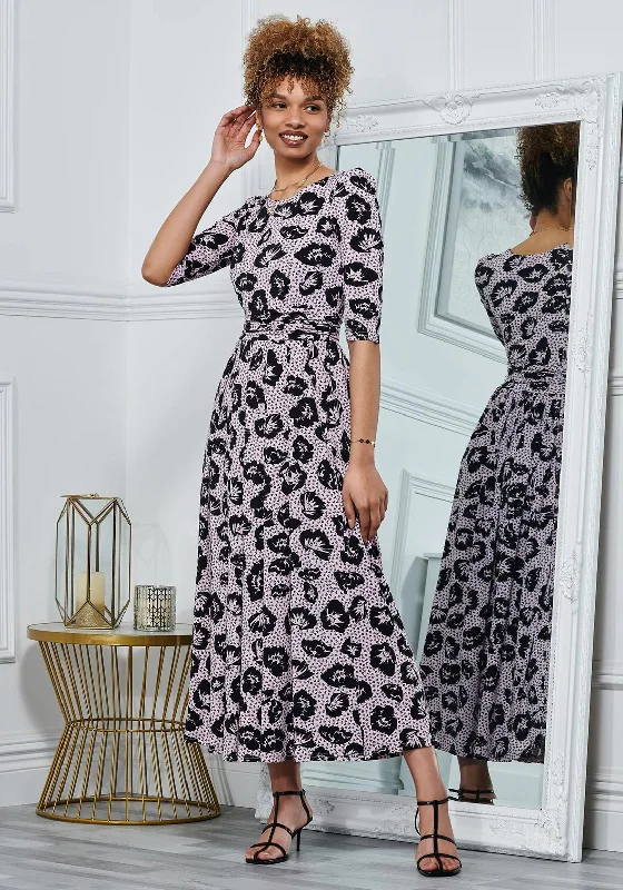 Jolie Moi Ozella Floral A Line Maxi Dress, Pink & Black Comfortable Maxi Dress with Sleeves