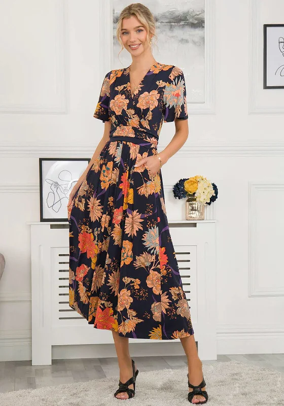 Jolie Moi Sheyra Floral Print Jersey Maxi Dress, Navy Orange Elegant Velvet Maxi Dress