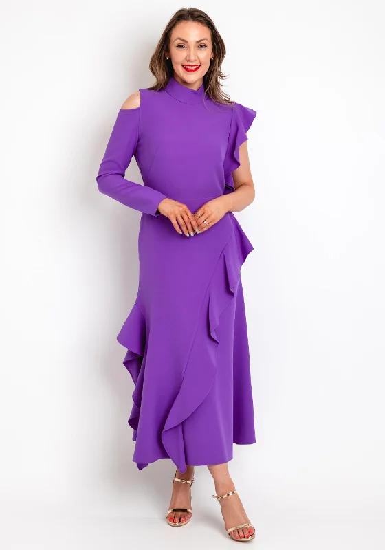 Kameya High Neck Ruffle Detailing Maxi Dress, Lavender Fashionable Sleeveless Maxi Dress