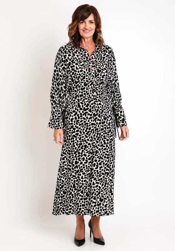 Kameya Spot Print A-line Shirt Maxi Dress, Black & White Comfortable Bohemian Maxi Dress