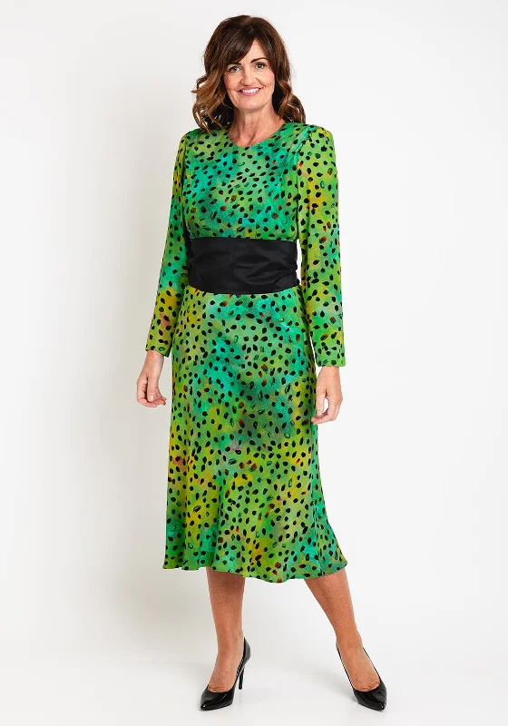 Kameya Belted Waist, Polka Dot Print Maxi Dress, Green Elegant Lace Maxi Dress