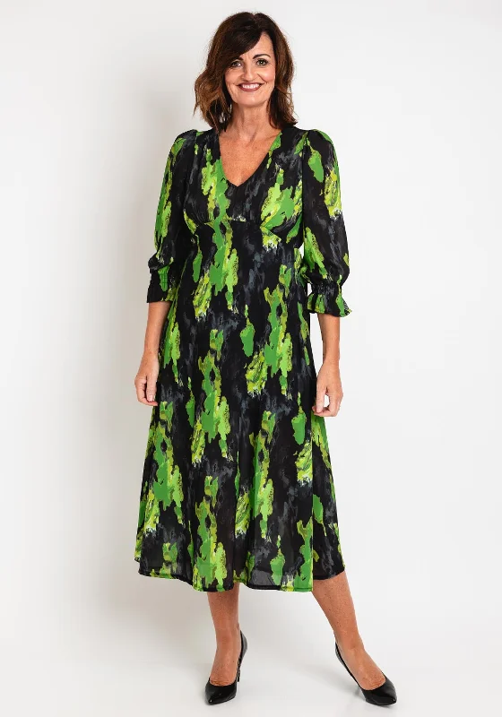 Kate & Pippa Streasa Print Maxi Dress, Black & Green Trendy Off-Shoulder Ruffle Maxi Dress