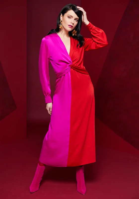 Kate Cooper Two Tone Twist Waist Detail Maxi Dress, Red & Pink Stylish Empire Waist Maxi Dress