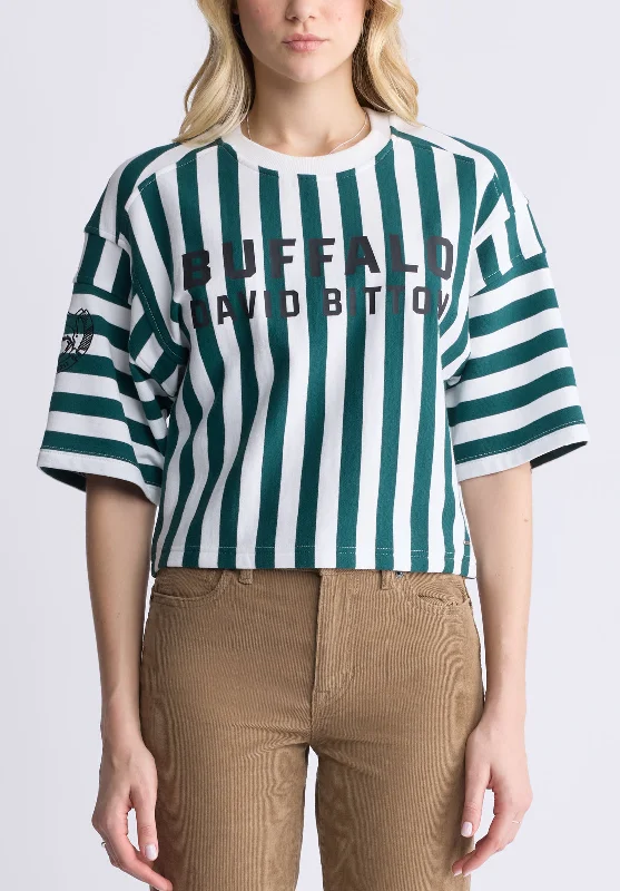 Kenza Women's Cropped Stripped T-Shirt, White & Green - KT0146F Silk Blend Satin Velvet