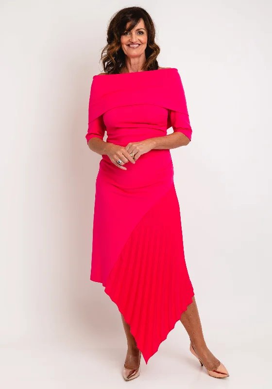 Kevan Jon Delauney Bardot, Pleated Skirt Maxi Dress, Hot Pink Comfortable Flowy Maxi Dress