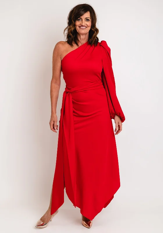 Kevan Jon Lila One Sleeve Maxi Dress, Red Cozy Ruffle Sleeve Maxi Dress