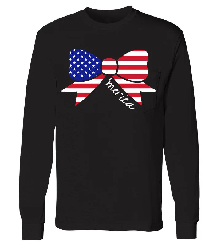 Ladies 'Merica Bow' Long Sleeve Tee Striped Floral Plaid