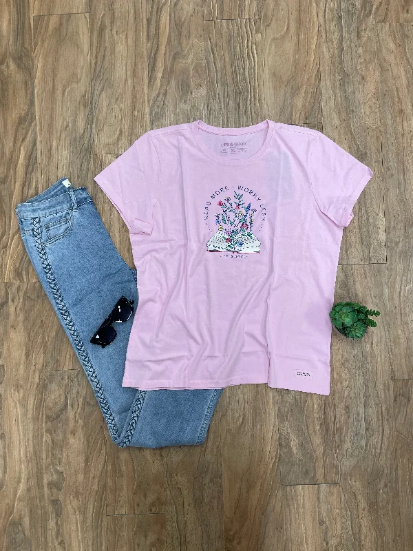 LIFE IS GOOD READ MORE FLORAL TEE - PINK Ribbed Striped Patterned